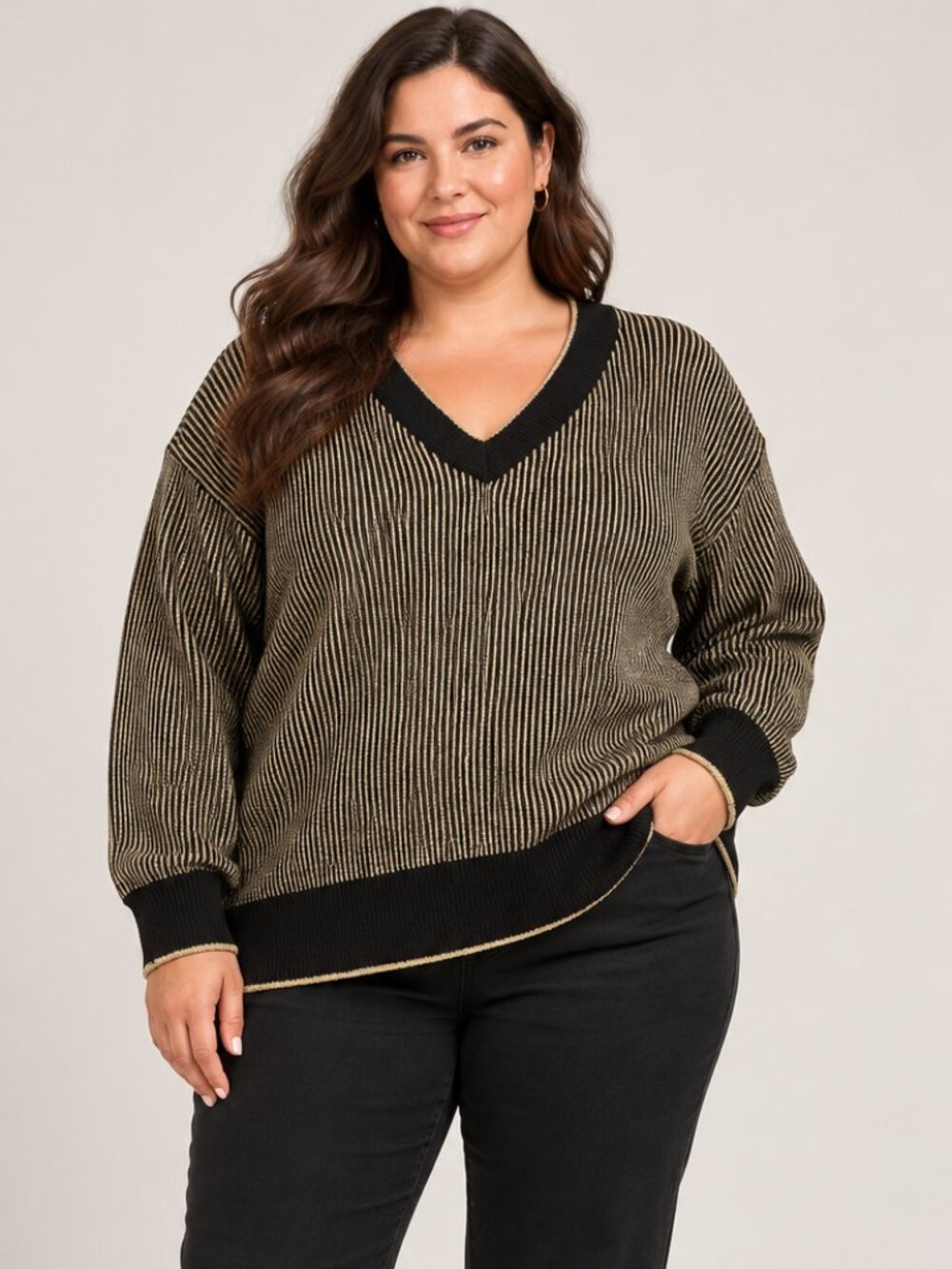 Nine West Black Gold Metallic Stripe V-Neck Sweater Plus Size 3X NWT
